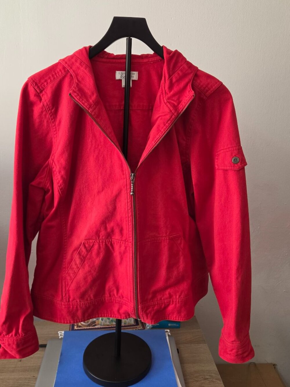 Christopher & Banks Red Hooded Zip-Up Twill Jacket size L